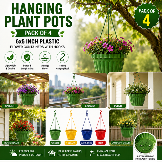 Hanging Plant Pots - 6x5 Inch Plastic Flowerpots with Hooks