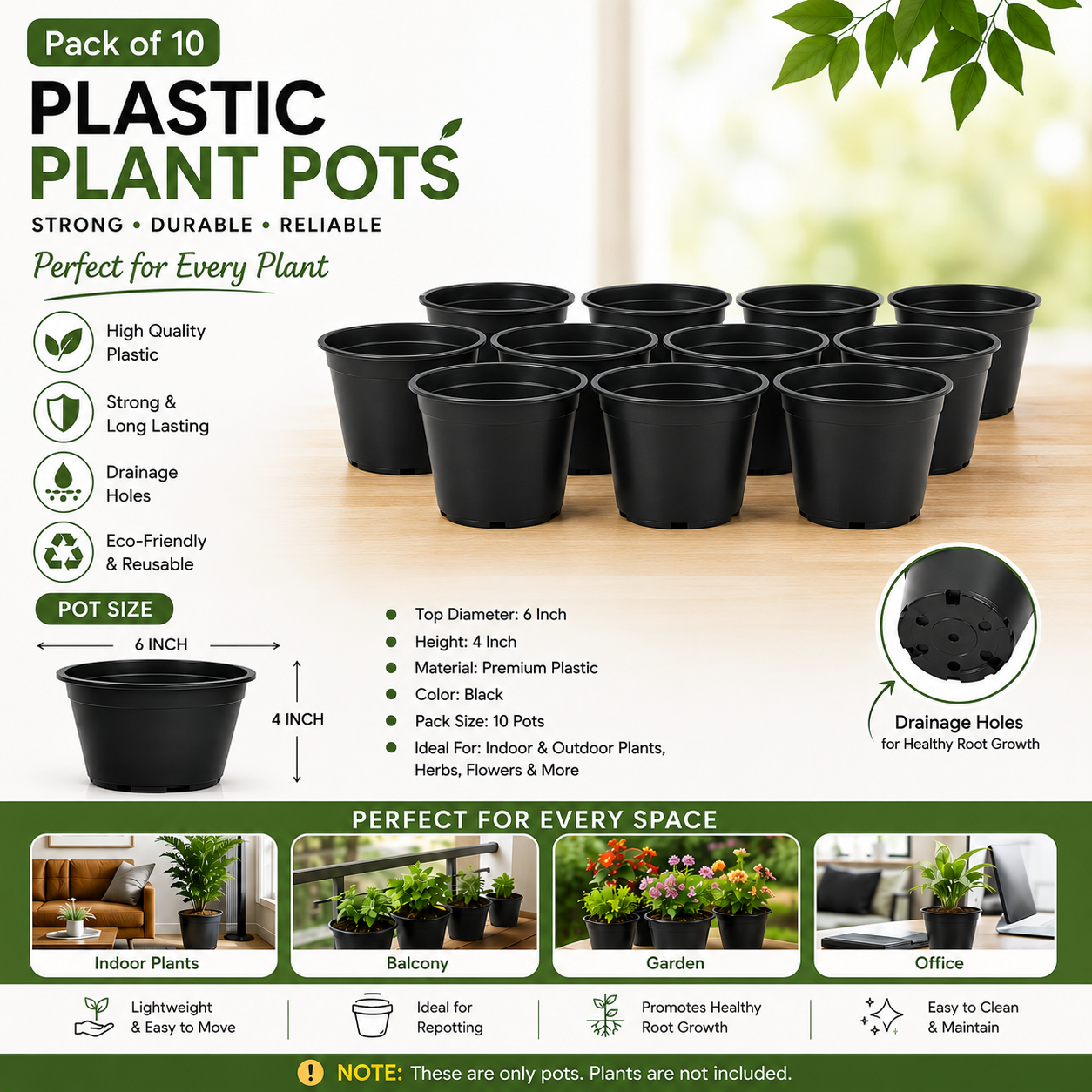 Nursery Pots Pack of 10 – Durable Plastic Plant Pots for Indoor & Outdoor Gardening, Lightweight Flower & Herb Planters for Home, Balcony & Garden (Only Pots)