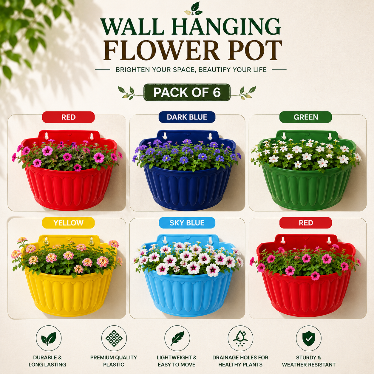 Wall Hanging Flowerpots - Durable Plastic Hanging Planters for Balcony, Garden & Indoor Décor