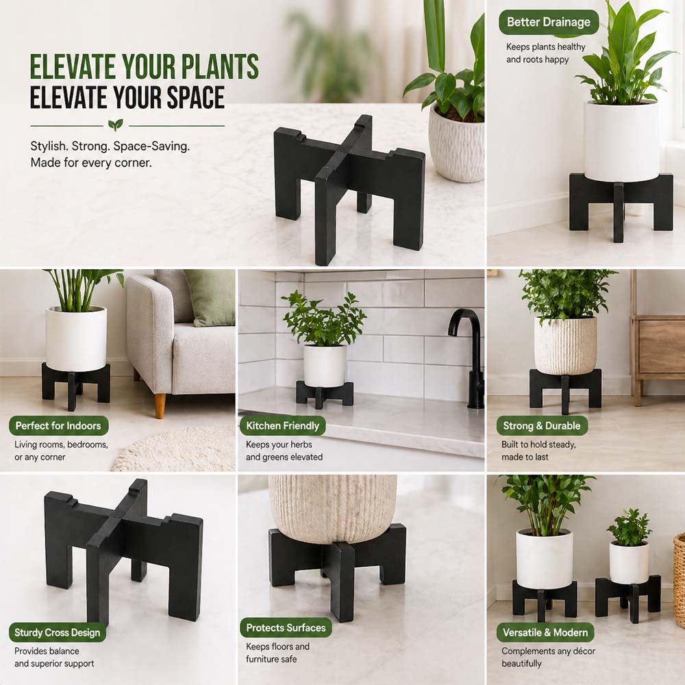 Wooden Plant Stand for Indoor Plants | Modern Flower Pot Stand | Small Pot Holder for Home Decor | Plant Display Riser for Living Room Balcony Desk | 16x16cm (Pot Not Included)