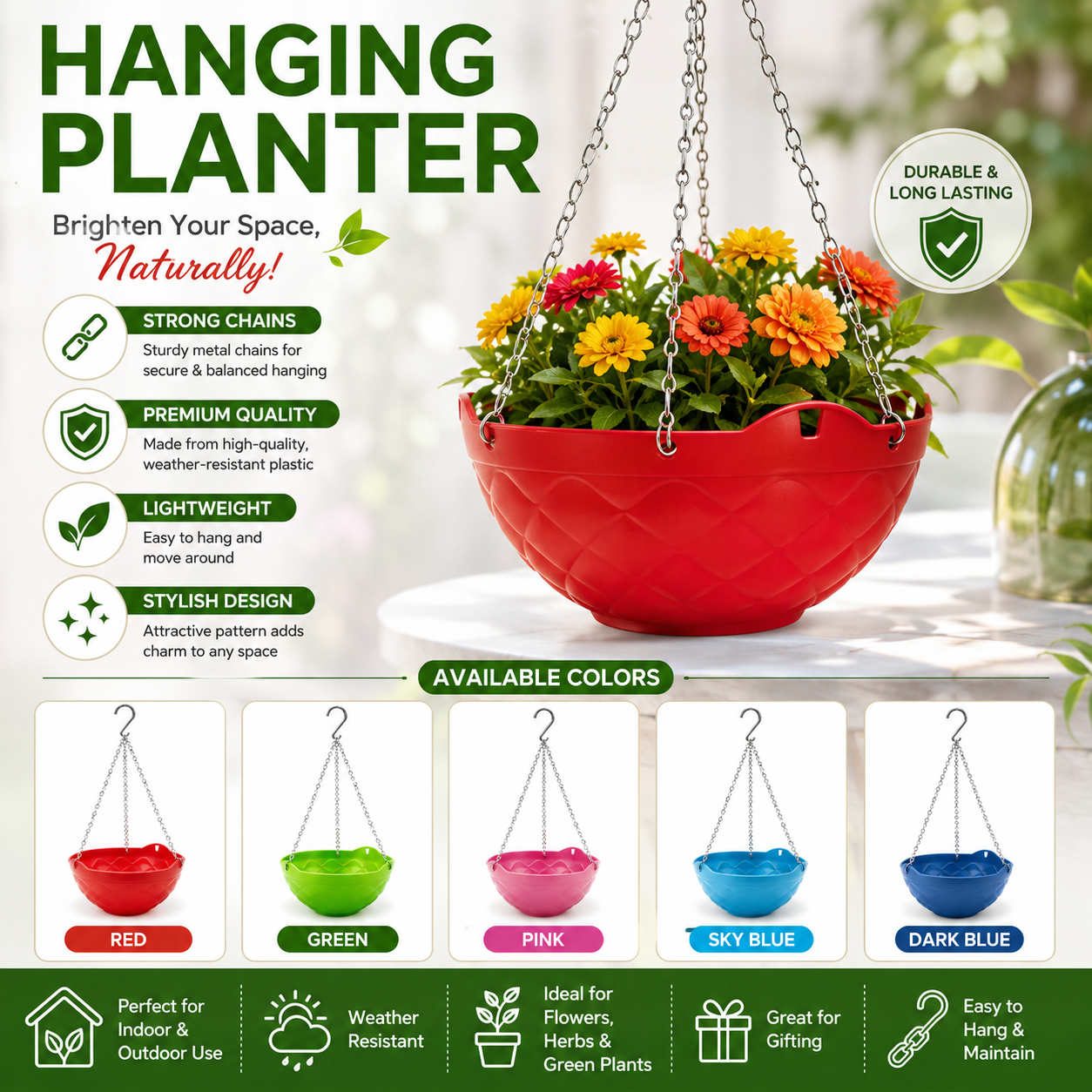 Decorative Hanging Pot with Metal Chain (Pack Of 3) - Durable Hanging Flowerpot for Indoor & Outdoor Plants