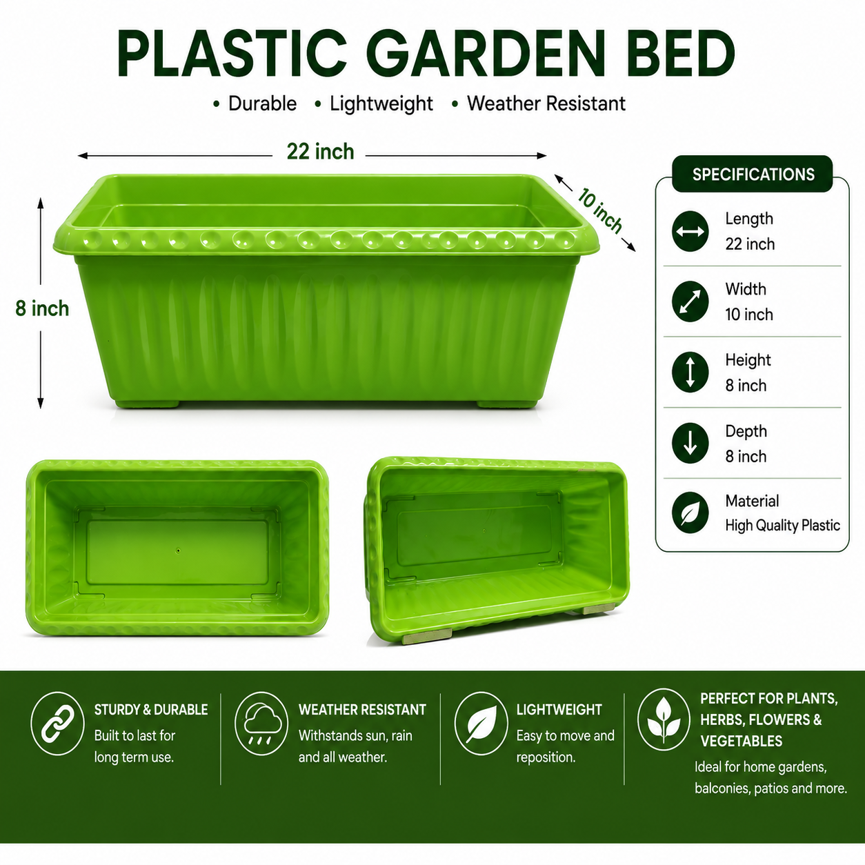Plastic Large Kiyari - 22 x 10 Inch Plastic Garden Bed, Planter Box for Vegetables, Flowers & Herbs