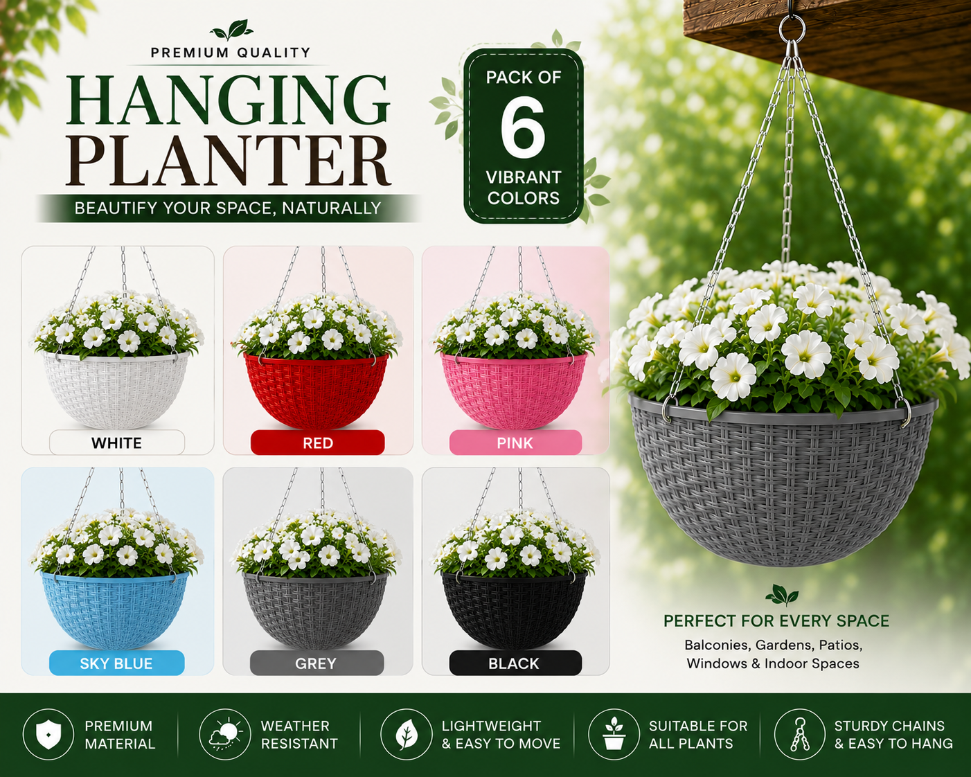 Hanging Flowerpots for Indoor & Outdoor - Modern Rattan Style Hanging Flowerpots for balcony & Garden