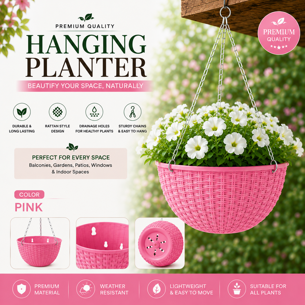 Hanging Flowerpots for Indoor & Outdoor - Modern Rattan Style Hanging Flowerpots for balcony & Garden