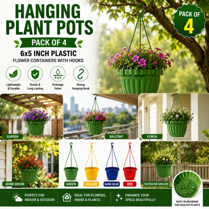 Hanging Plant Pots Pack of 4 - 6x5 Inch Plastic Hanging Flowerpots with Hooks
