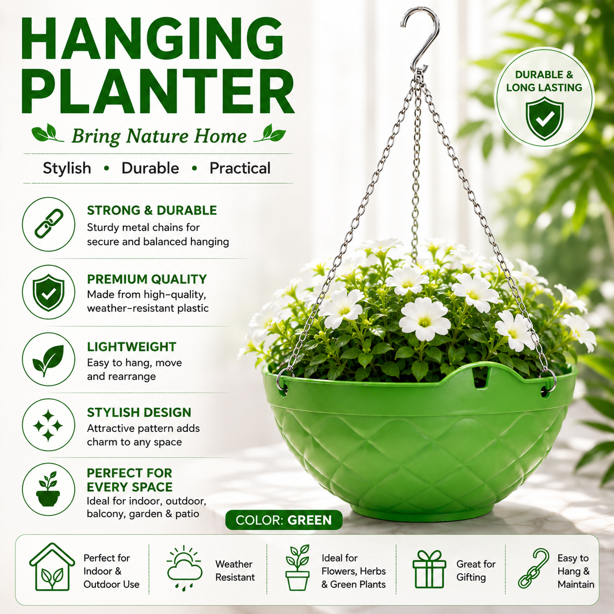 Decorative Hanging Pot with Metal Chain (Pack Of 3) - Durable Hanging Flowerpot for Indoor & Outdoor Plants
