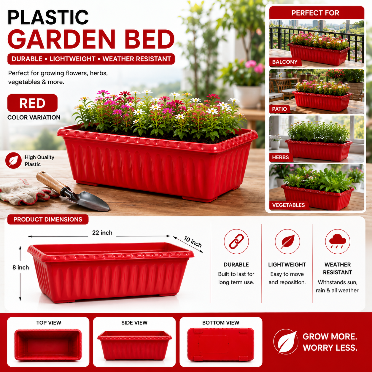 Plastic Large Kiyari - 22 x 10 Inch Plastic Garden Bed, Planter Box for Vegetables, Flowers & Herbs