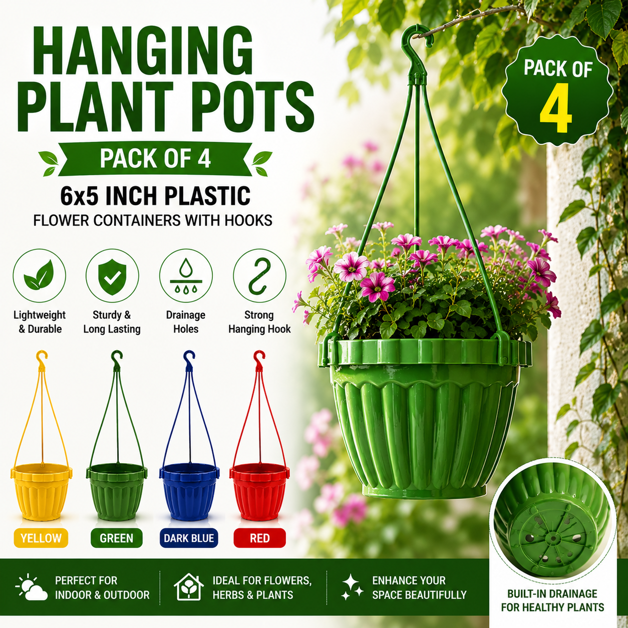 Hanging Plant Pots Pack of 4 - 6x5 Inch Plastic Hanging Flowerpots with Hooks