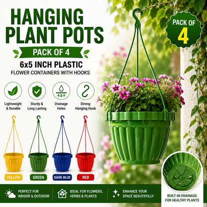 Hanging Plant Pots Pack of 4 - 6x5 Inch Plastic Hanging Flowerpots with Hooks