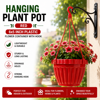 Hanging Plant Pots Pack of 4 - 6x5 Inch Plastic Hanging Flowerpots with Hooks
