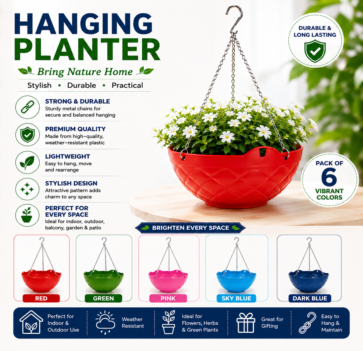 Decorative Hanging Pot with Metal Chain (Pack Of 3) - Durable Hanging Flowerpot for Indoor & Outdoor Plants