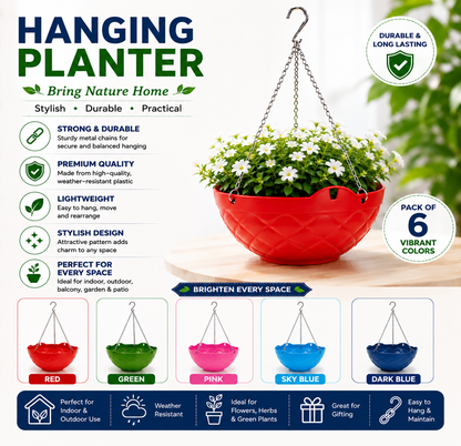 Decorative Hanging Pot with Metal Chain (Pack Of 3) - Durable Hanging Flowerpot for Indoor & Outdoor Plants