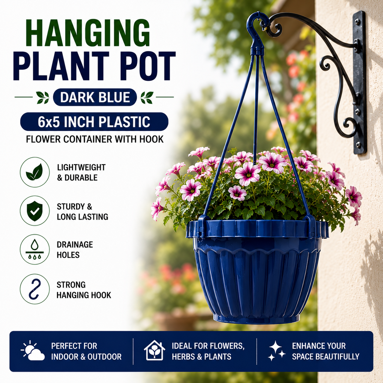 Hanging Plant Pots Pack of 4 - 6x5 Inch Plastic Hanging Flowerpots with Hooks