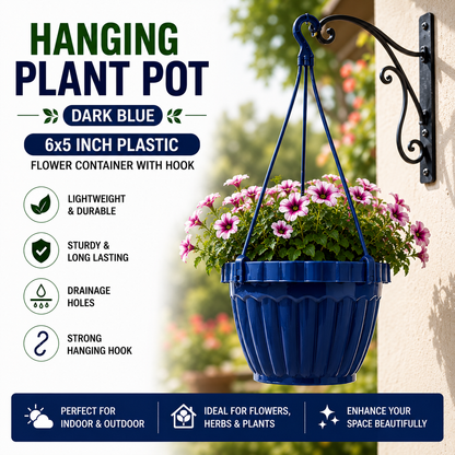 Hanging Plant Pots Pack of 4 - 6x5 Inch Plastic Hanging Flowerpots with Hooks