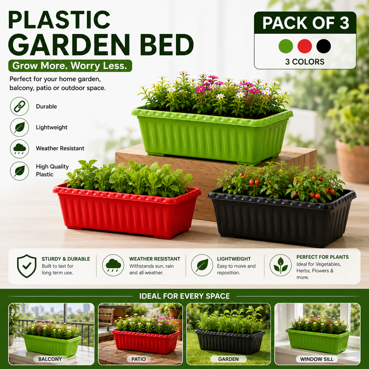 Plastic Large Kiyari - 22 x 10 Inch Plastic Garden Bed, Planter Box for Vegetables, Flowers & Herbs