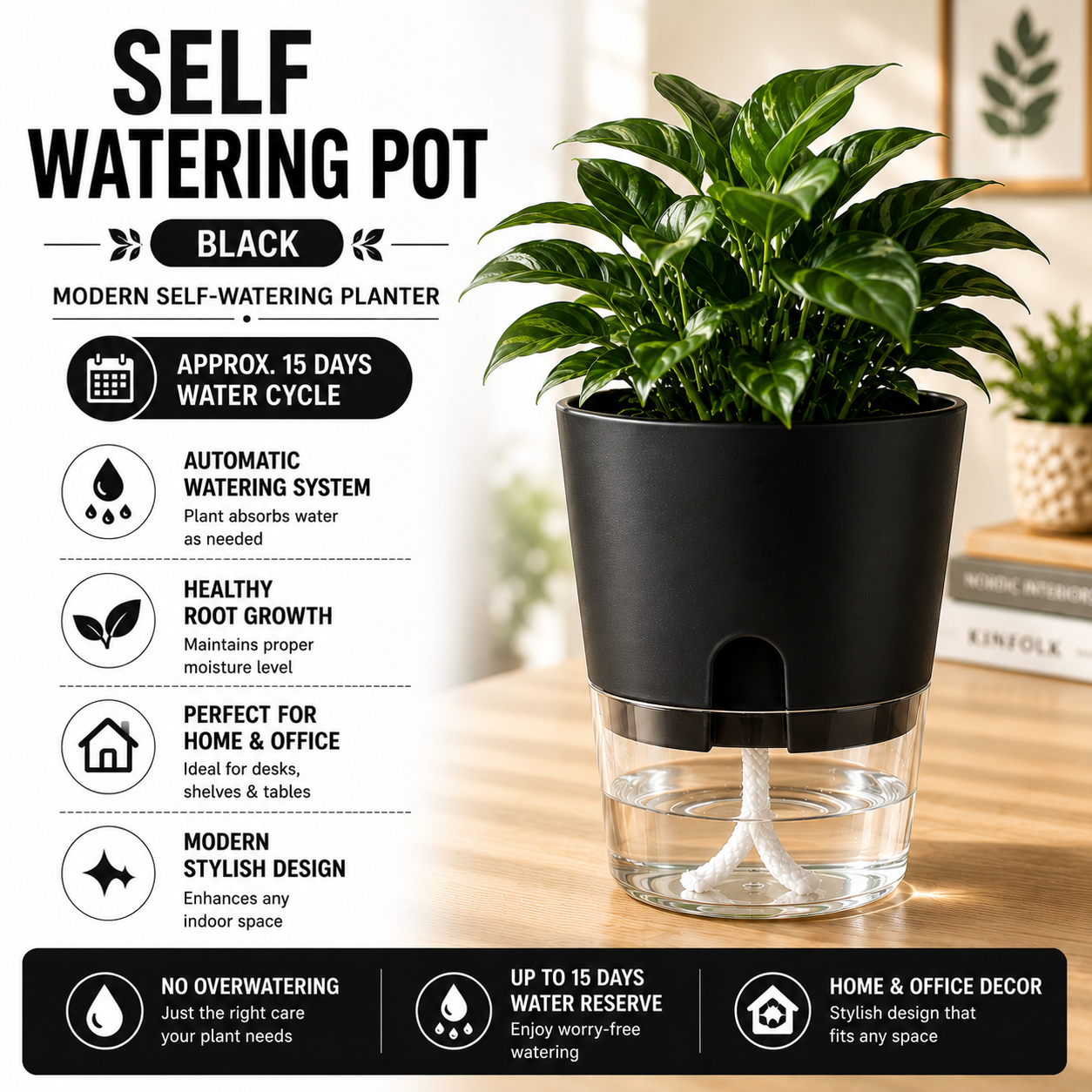 Self Watering Pot for Indoor Plants - 8 Vibrant Colors | Modern Design | Automatic Watering System | Best for Office Decor , Home Decor | Stylish Design Pot | Approx 15 Days Water Circle |