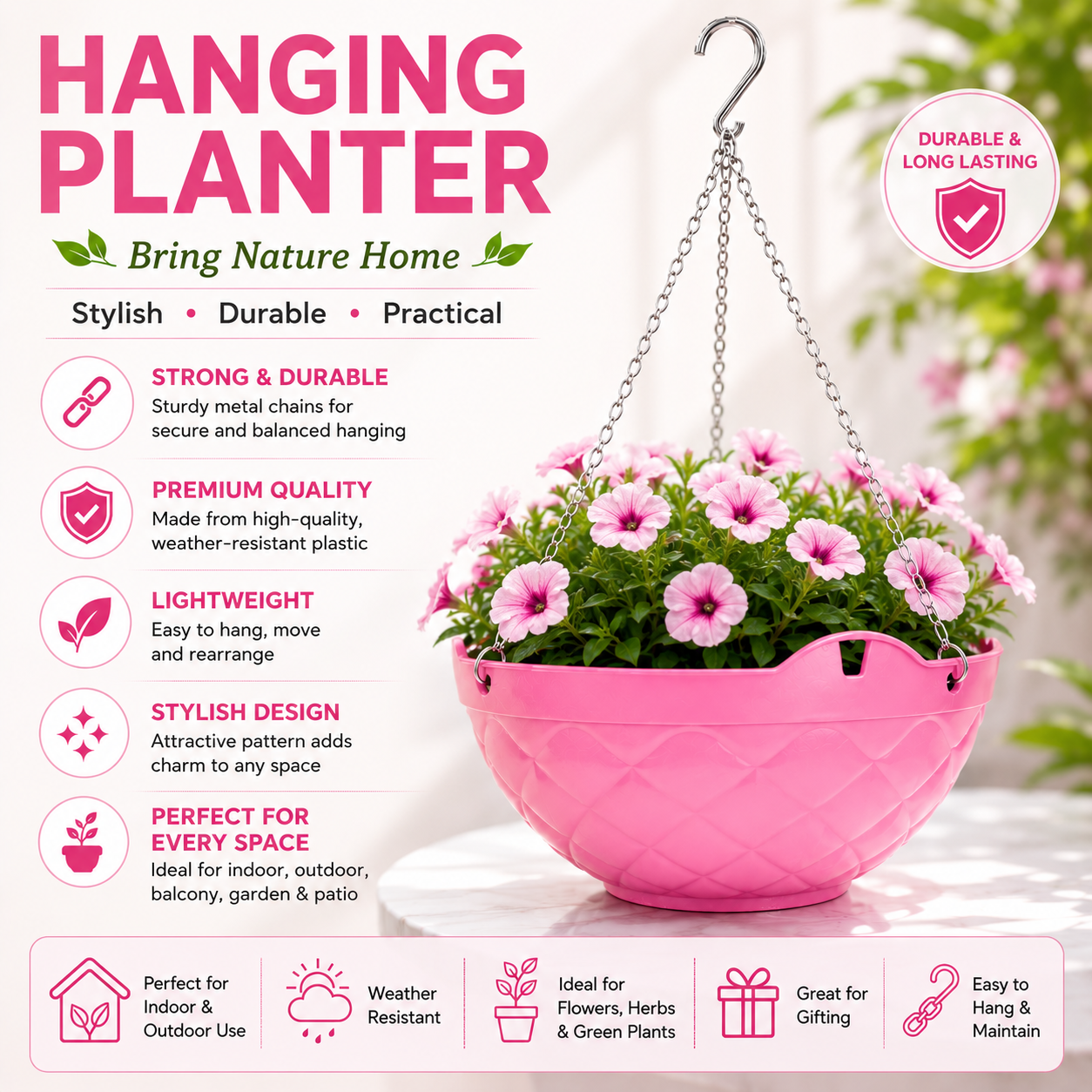 Decorative Hanging Pot with Metal Chain (Pack Of 3) - Durable Hanging Flowerpot for Indoor & Outdoor Plants