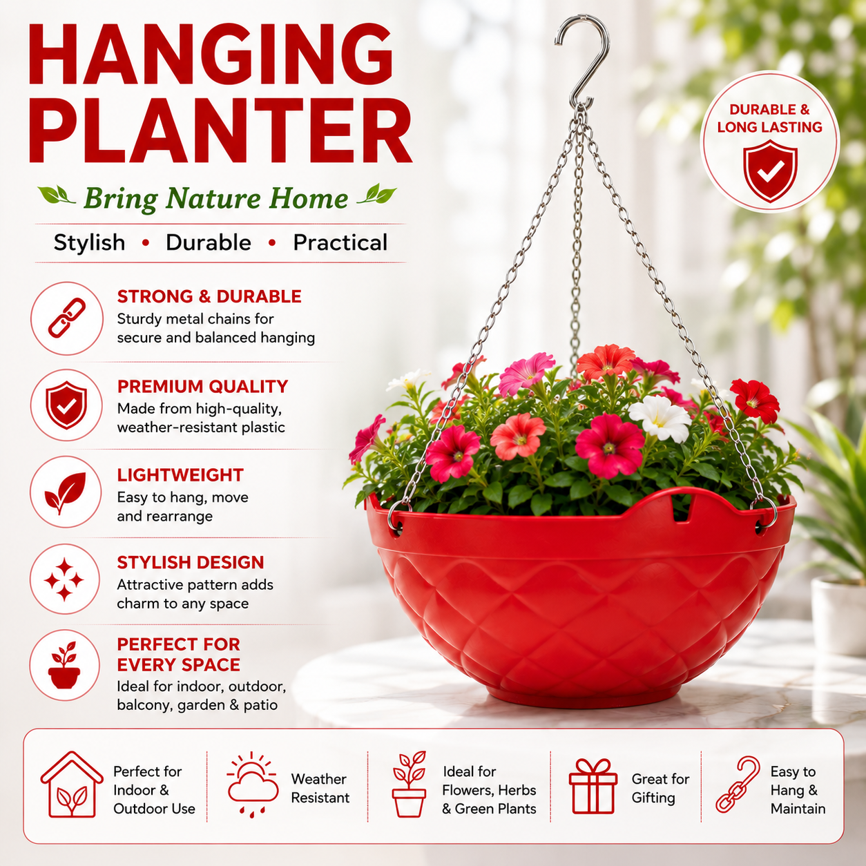 Decorative Hanging Pot with Metal Chain (Pack Of 3) - Durable Hanging Flowerpot for Indoor & Outdoor Plants
