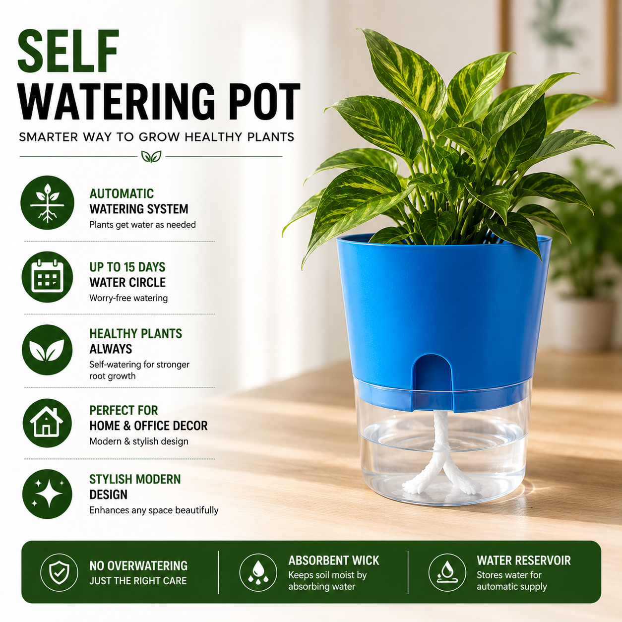 Self Watering Pot for Indoor Plants - 8 Vibrant Colors | Modern Design | Automatic Watering System | Best for Office Decor , Home Decor | Stylish Design Pot | Approx 15 Days Water Circle |