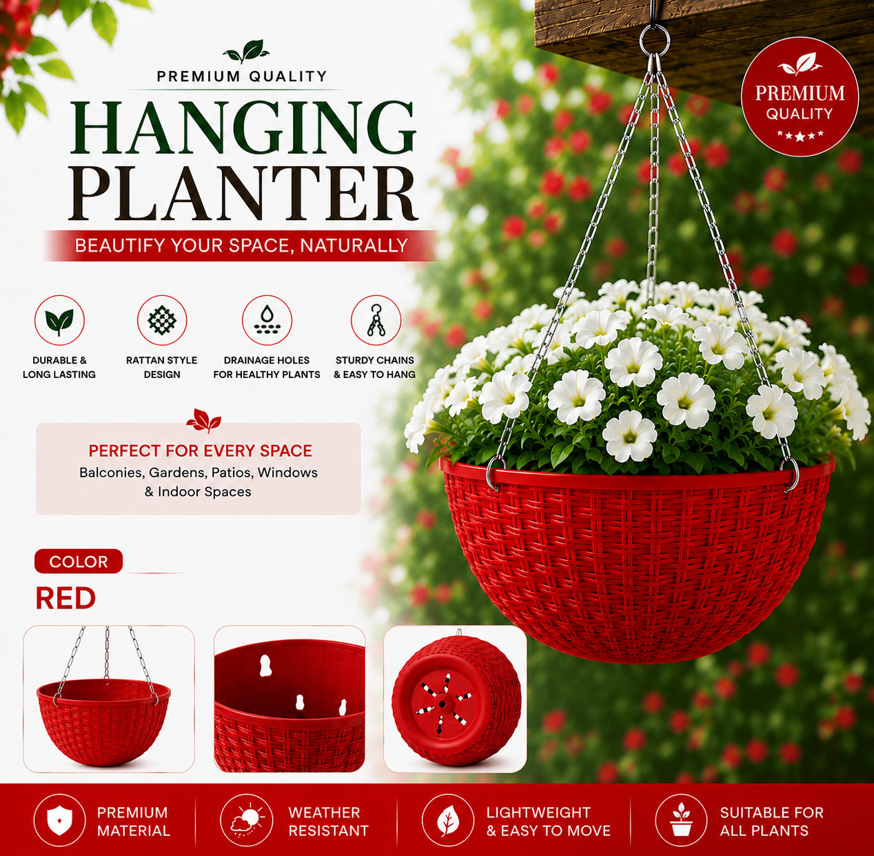Hanging Flowerpots for Indoor & Outdoor - Modern Rattan Style Hanging Flowerpots for balcony & Garden