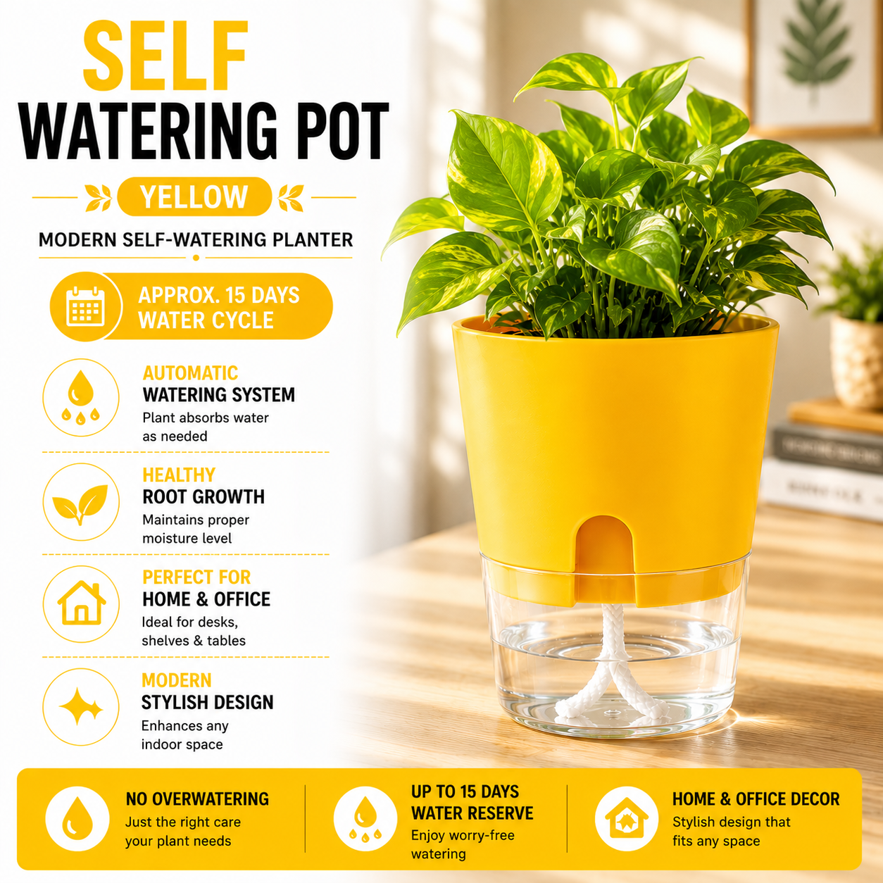Self Watering Pot for Indoor Plants - 8 Vibrant Colors | Modern Design | Automatic Watering System | Best for Office Decor , Home Decor | Stylish Design Pot | Approx 15 Days Water Circle |