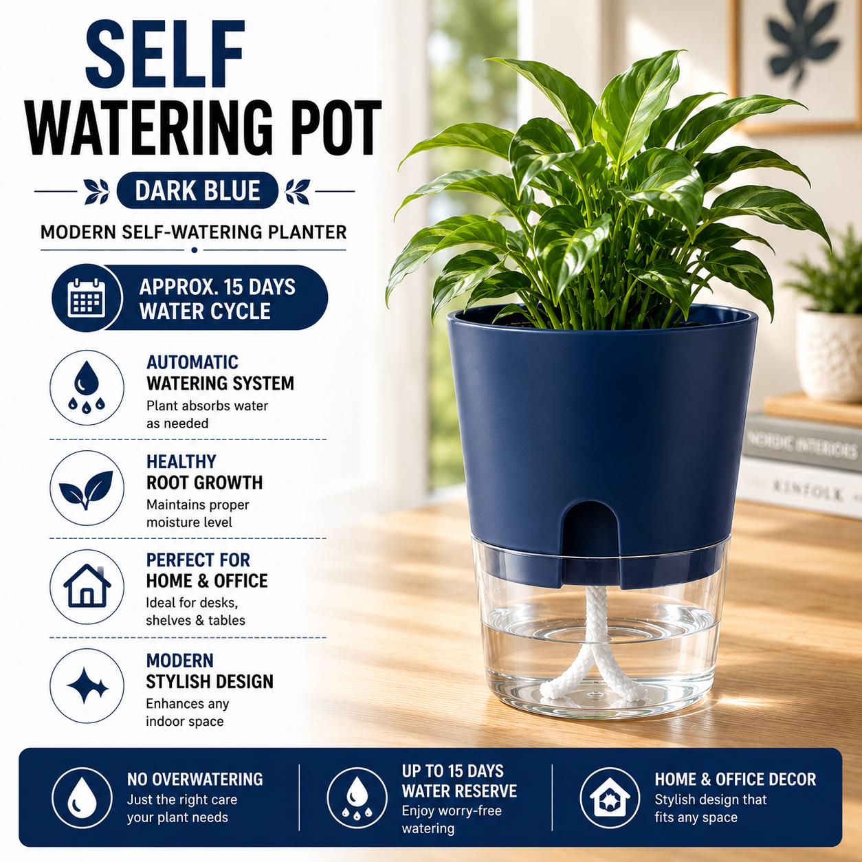 Self Watering Pot for Indoor Plants - 8 Vibrant Colors | Modern Design | Automatic Watering System | Best for Office Decor , Home Decor | Stylish Design Pot | Approx 15 Days Water Circle |