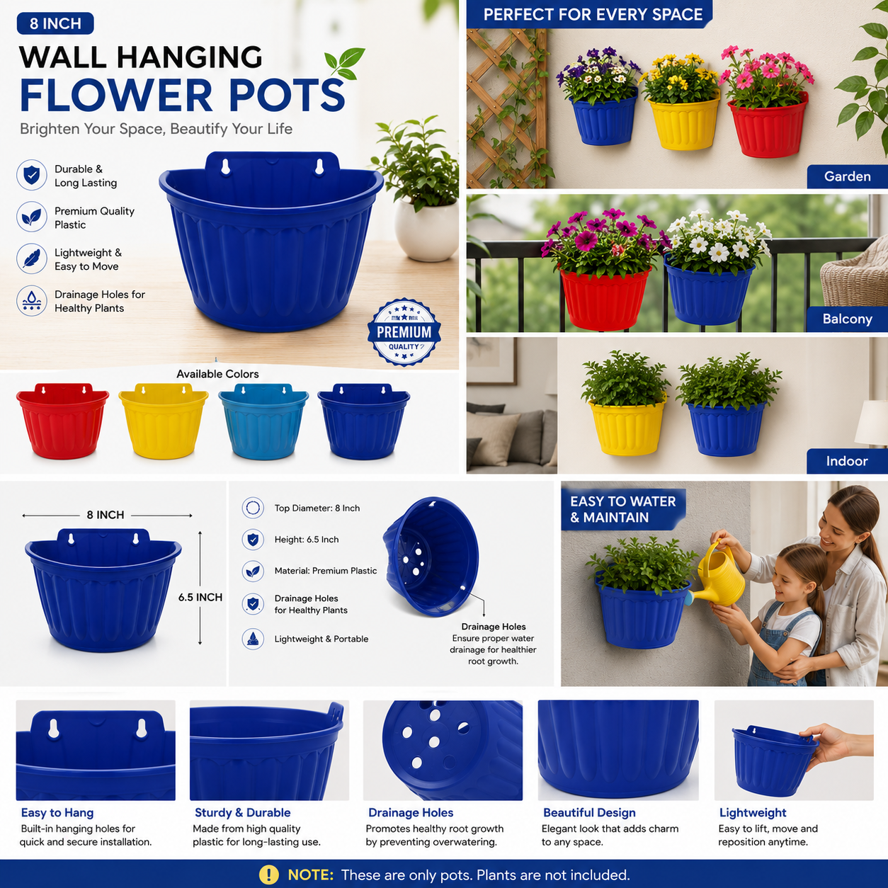 Wall Hanging Flowerpots - Durable Plastic Hanging Planters for Balcony, Garden & Indoor Décor