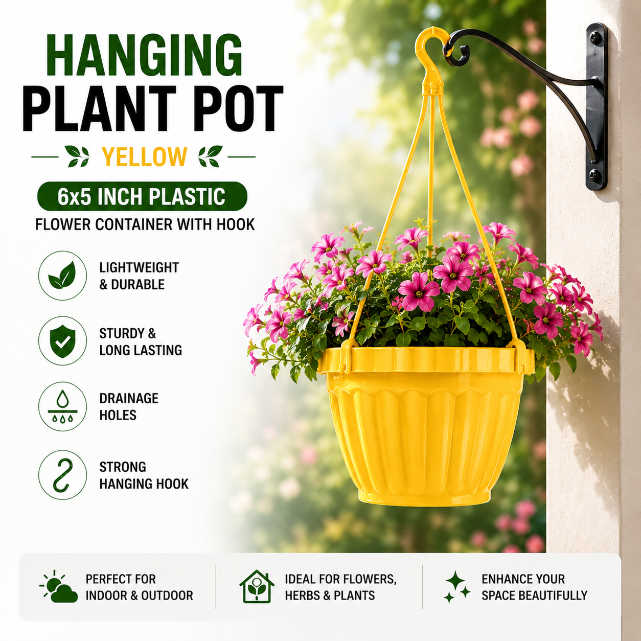 Hanging Plant Pots Pack of 4 - 6x5 Inch Plastic Hanging Flowerpots with Hooks