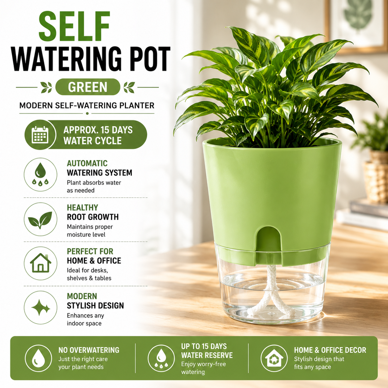 Self Watering Pot for Indoor Plants - 8 Vibrant Colors | Modern Design | Automatic Watering System | Best for Office Decor , Home Decor | Stylish Design Pot | Approx 15 Days Water Circle |