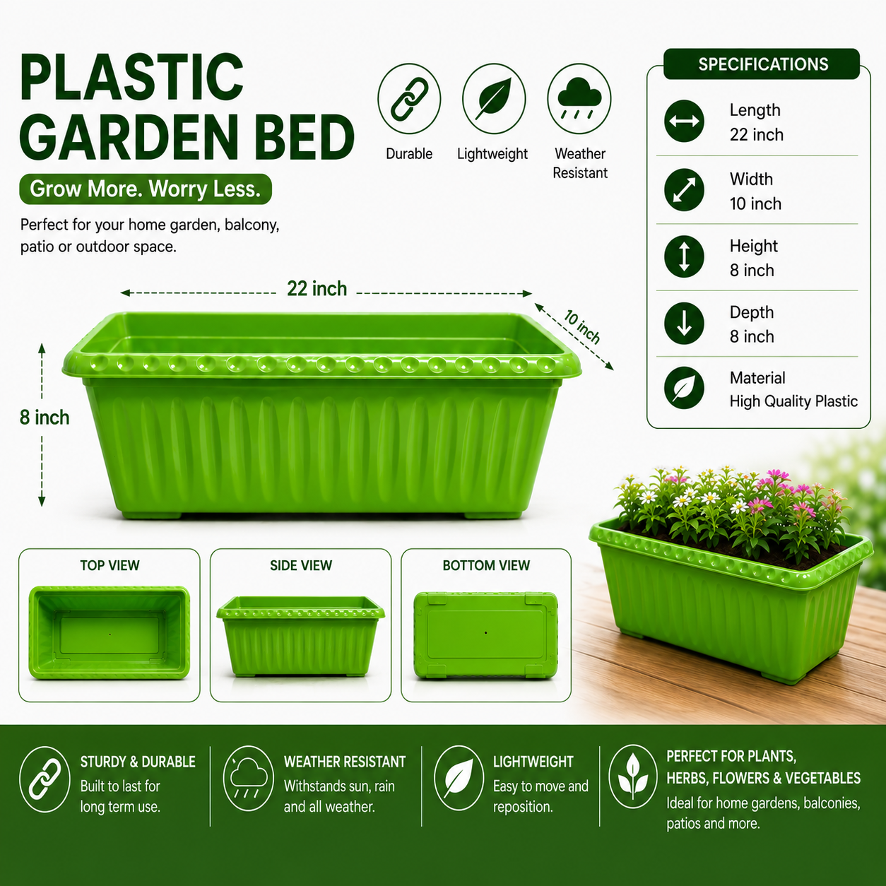 Plastic Large Kiyari - 22 x 10 Inch Plastic Garden Bed, Planter Box for Vegetables, Flowers & Herbs