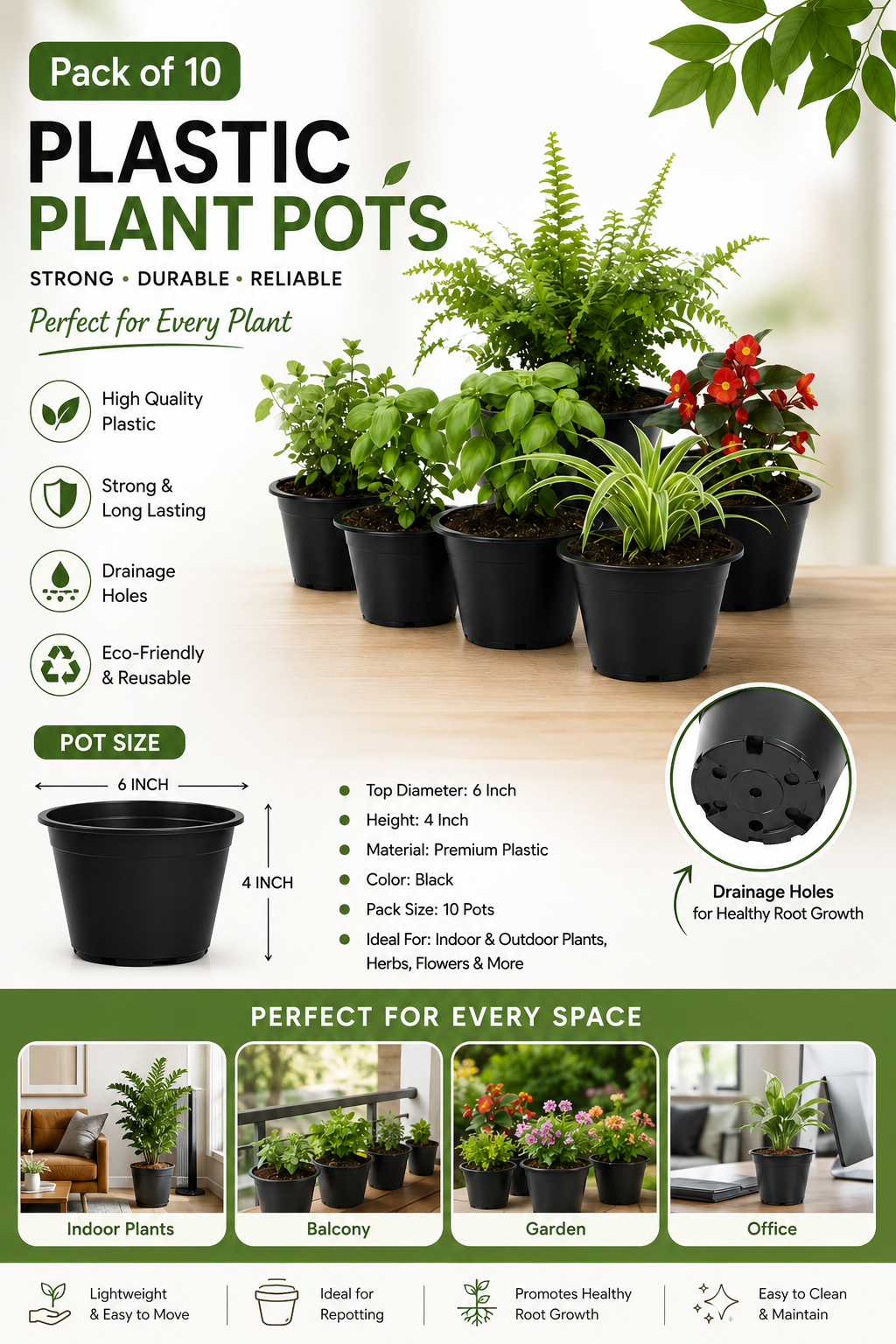 Nursery Pots Pack of 10 – Durable Plastic Plant Pots for Indoor & Outdoor Gardening, Lightweight Flower & Herb Planters for Home, Balcony & Garden (Only Pots)