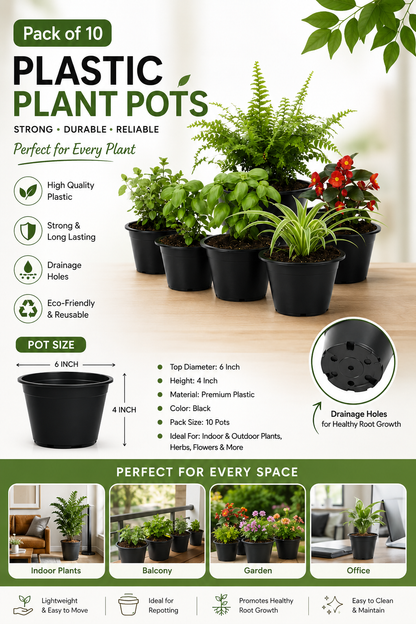 Nursery Pots Pack of 10 – Durable Plastic Plant Pots for Indoor & Outdoor Gardening, Lightweight Flower & Herb Planters for Home, Balcony & Garden (Only Pots)